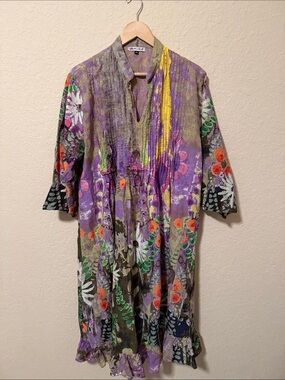 Mira Vibrant Floral Pintuck Tunic Dress in Purple & Olive